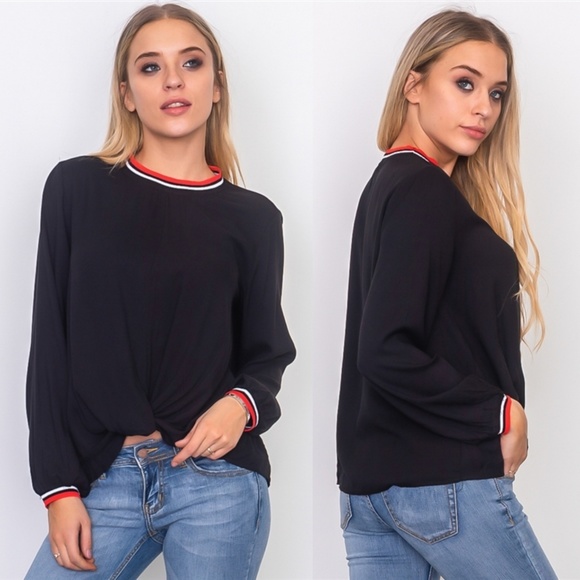 Luxe Label Tops - SATURDAY VIBES TWIST WOVEN STRIPE TOP BLACK